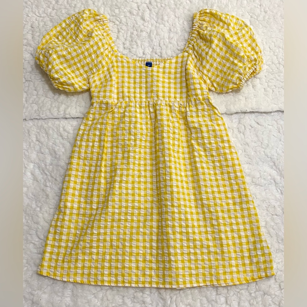 Old Navy Womens XS Yellow White Gingham Check Puff Sleeve Babydoll Dress Preppy - Picture 3 of 12